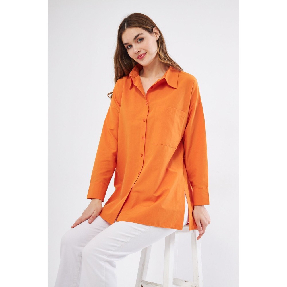 Pasaklı Giyim Kadın Turuncu Uzun Kollu Terikoton Özel Kumaş Cepli Spor Uzun Tunik Gömlek - Premium Kadın Giyim