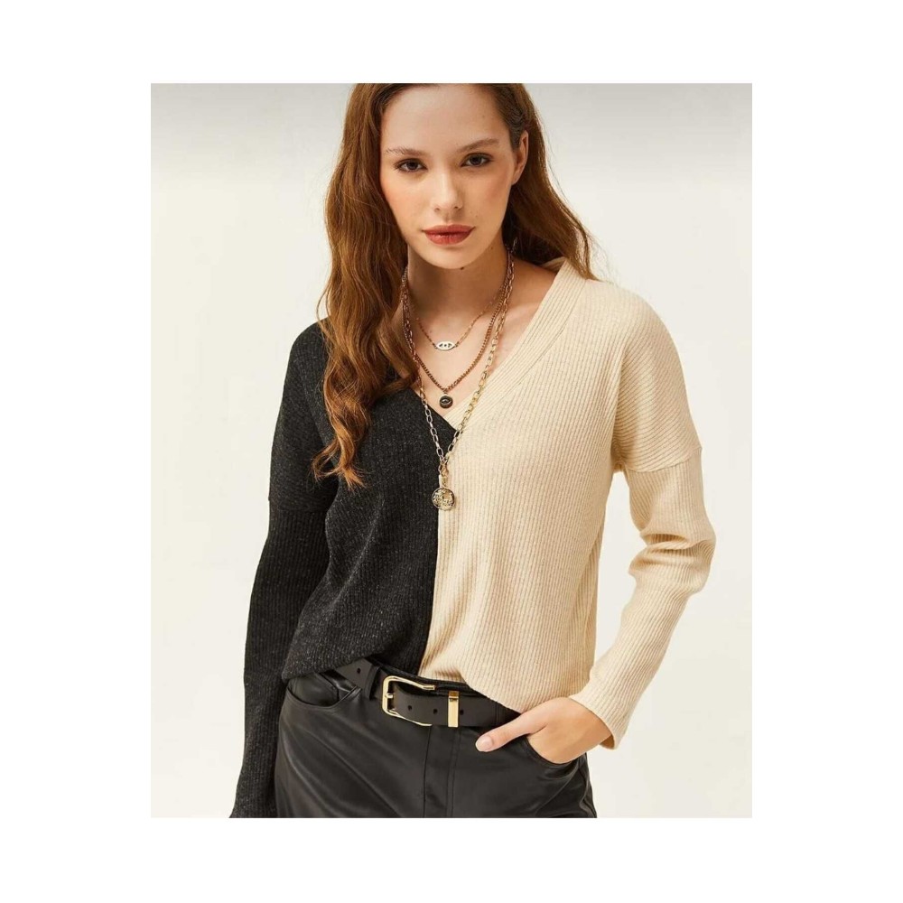 Pasaklı Giyim Kadın V Yaka Uzun Kollu Iki Renkli Kışlık Kazak Vizon Antrasit - Premium Kadın Giyim