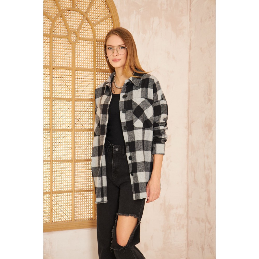 Pasaklı Giyim Pasaklı Giyim Kadın Kaşe Ekose Oduncu Gömlek Gri - Premium Kadın Giyim