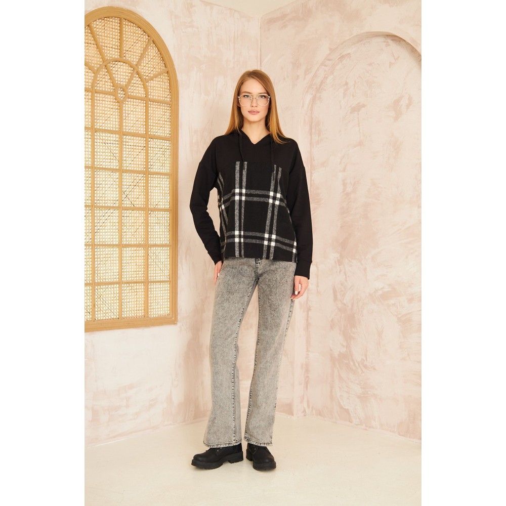 Pasaklı Giyim Pasaklı Giyim Kadın Kapüşonlu Oduncu Sweatshirt Siyah Ekose - Premium Kadın Giyim