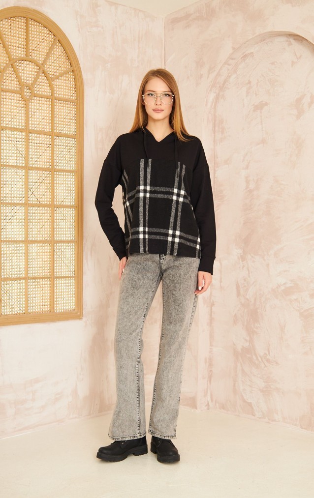 Pasaklı Giyim Kadın Kapüşonlu Oduncu Sweatshirt Siyah Ekose 3565231