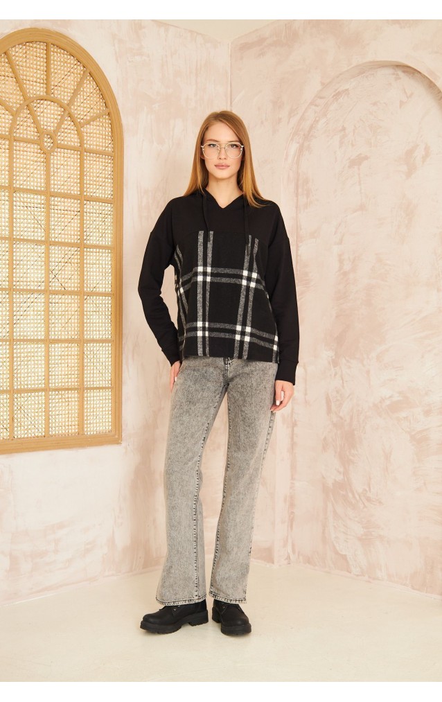 Pasaklı Giyim Kadın Kapüşonlu Oduncu Sweatshirt Ekose 3565231 Siyah