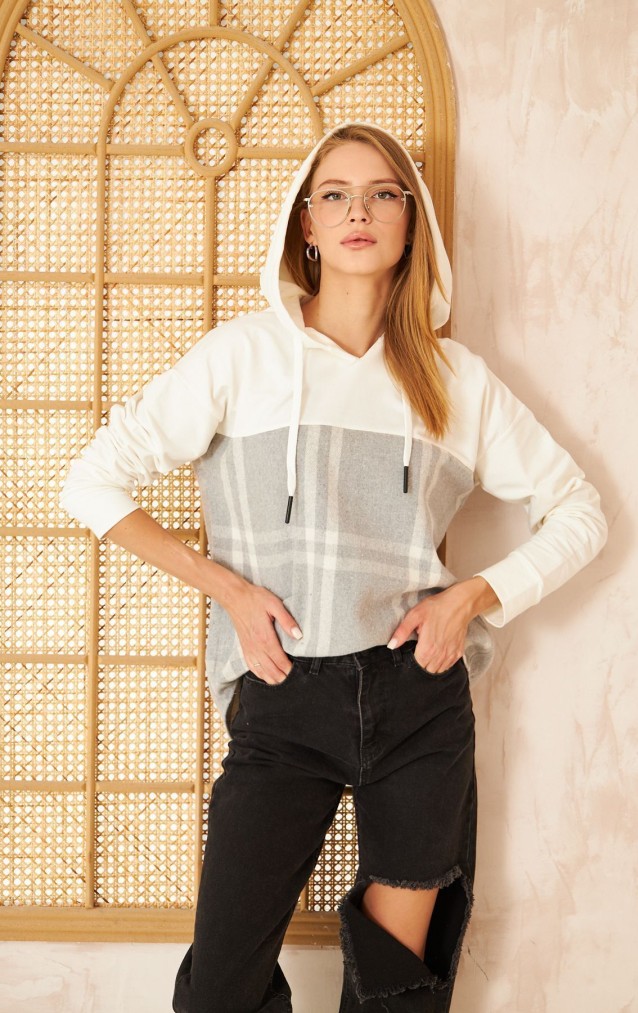 Pasaklı Giyim Kadın Kapüşonlu Oduncu Sweatshirt Gri Ekose 3565231