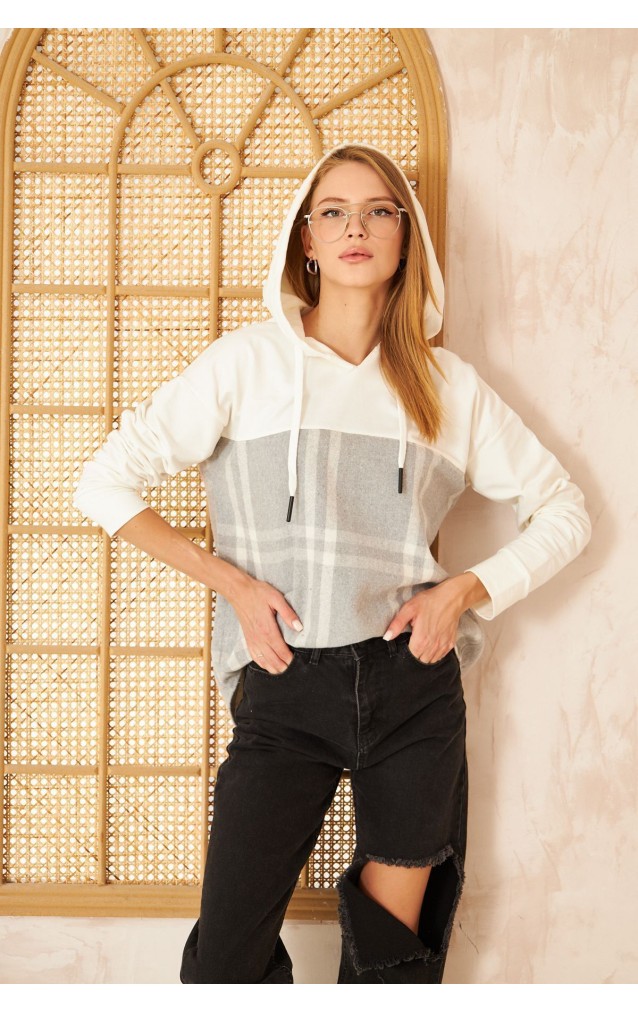 Pasaklı Giyim Kadın Kapüşonlu Oduncu Sweatshirt Gri Ekose 3565231