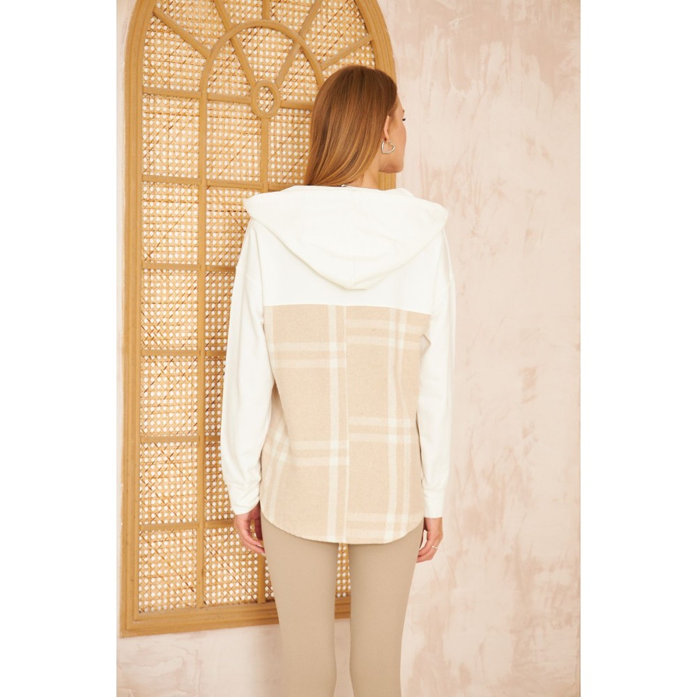 Pasaklı Giyim Pasaklı Giyim Kadın Kapüşonlu Oduncu Sweatshirt Bej Ekose - Premium Kadın Giyim