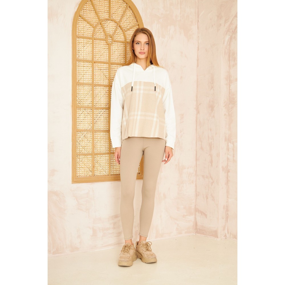 Pasaklı Giyim Pasaklı Giyim Kadın Kapüşonlu Oduncu Sweatshirt Bej Ekose - Premium Kadın Giyim