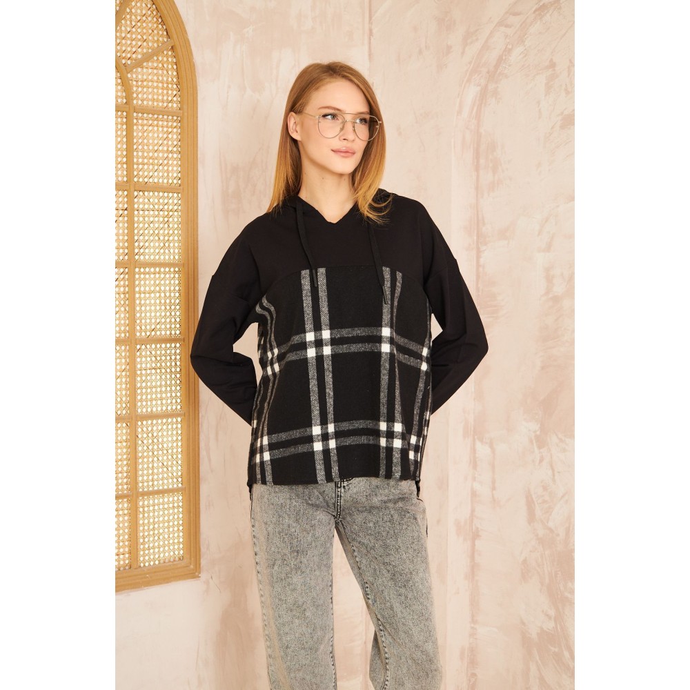 Pasaklı Giyim Pasaklı Giyim Kadın Kapüşonlu Oduncu Sweatshirt Siyah Ekose - Premium Kadın Giyim