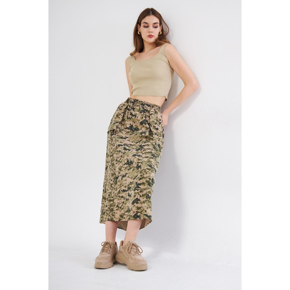 Pasaklı Giyim Pasaklı Giyim Kadın Kamuflaj Desen Gabardin Etek Haki Bej - Premium Kadın Giyim
