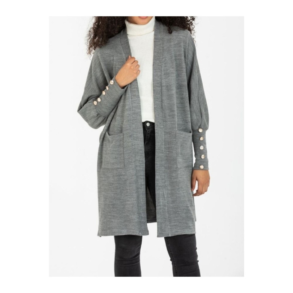 Pasaklı Giyim Pasaklı Giyim Kadın Kolları Düğme Detaylı Yırtmaçlı Yumuşak Dokulu Gri Uzun Triko Hırka - Premium Kadın Giyim