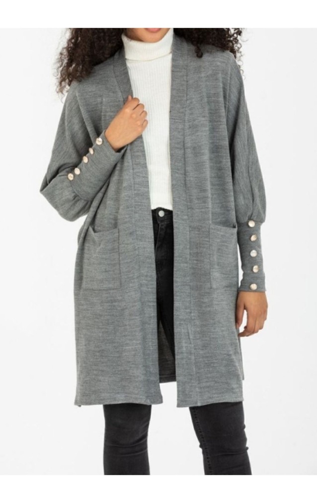 Pasaklı Giyim Kadın Kolları Düğme Detaylı Yırtmaçlı Yumuşak Dokulu Gri Uzun Triko Hırka 3442300