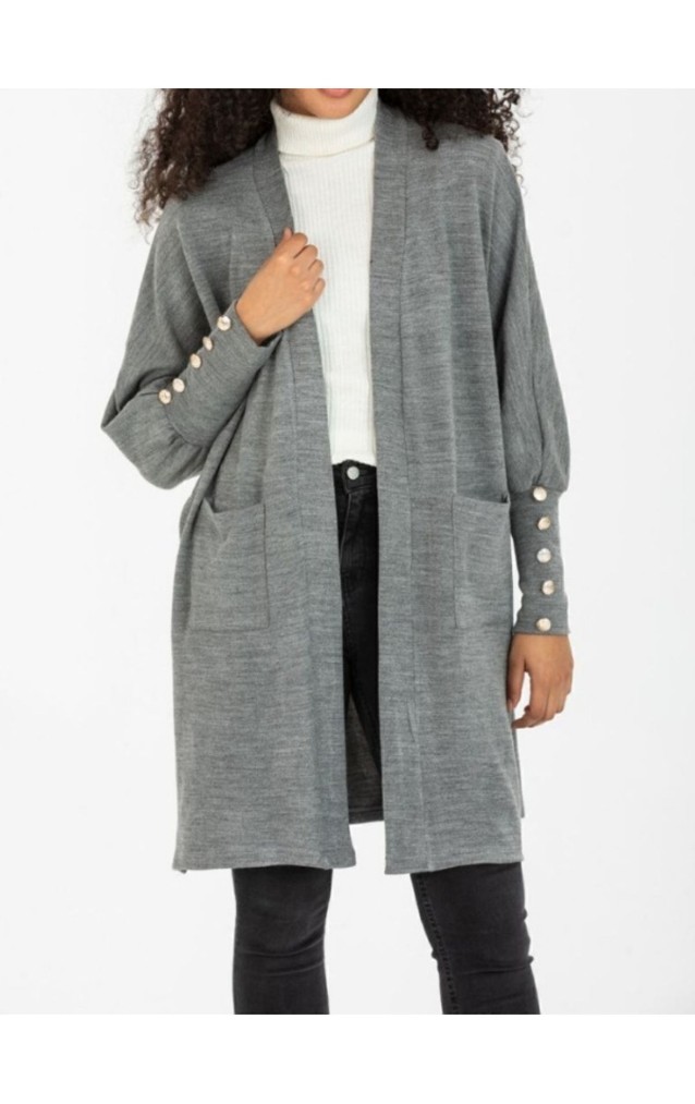 Pasaklı Giyim Kadın Kolları Düğme Detaylı Yırtmaçlı Yumuşak Dokulu Gri Uzun Triko Hırka 3442300