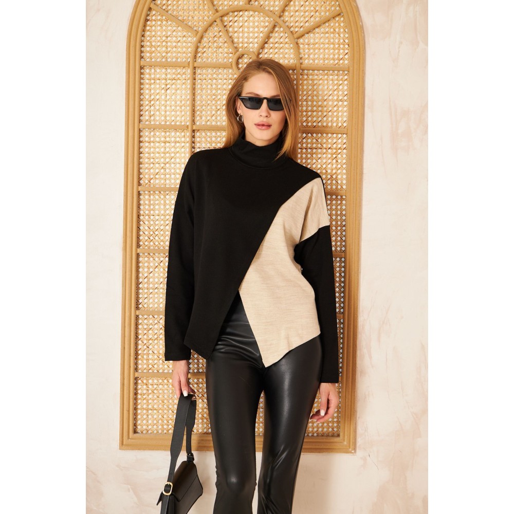 Pasaklı Giyim Pasaklı Giyim Kadın İki Kat Asimetrik Balıkçı Yaka Akrilik Triko Kazak - Premium Kadın Giyim