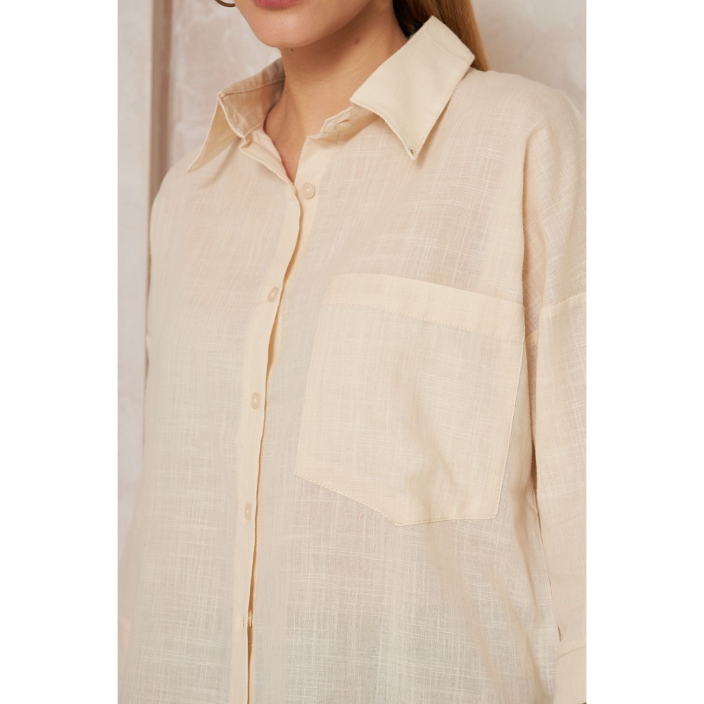 Pasaklı Giyim Pasaklı Giyim Kadın Flamlı Keten Gömlek Bej - Premium Kadın Giyim