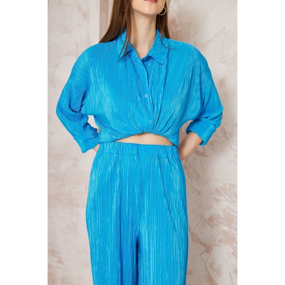 Pasaklı Giyim kadın Piliseli Bürümcük Pantolon Tunik Alt Üst Takım 3573374 Mavi