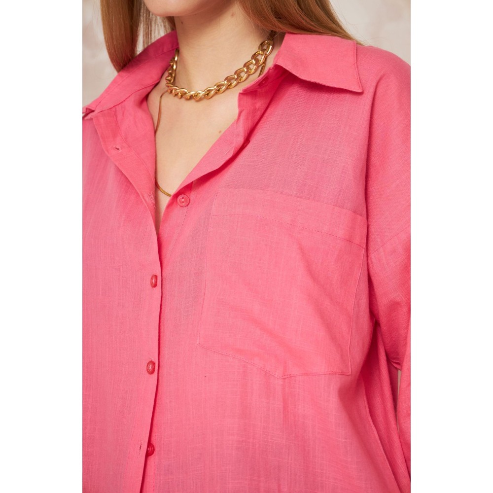 Pasaklı Giyim Pasaklı Giyim Kadın Flamlı Keten Gömlek Fuşya - Premium Kadın Giyim