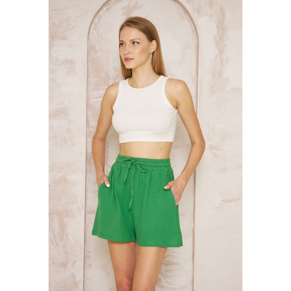 Pasaklı Giyim Pasaklı Giyim Kadın Müslin %100 Pamuk Beli Lastikli Şort Yeşil - Premium Kadın Giyim