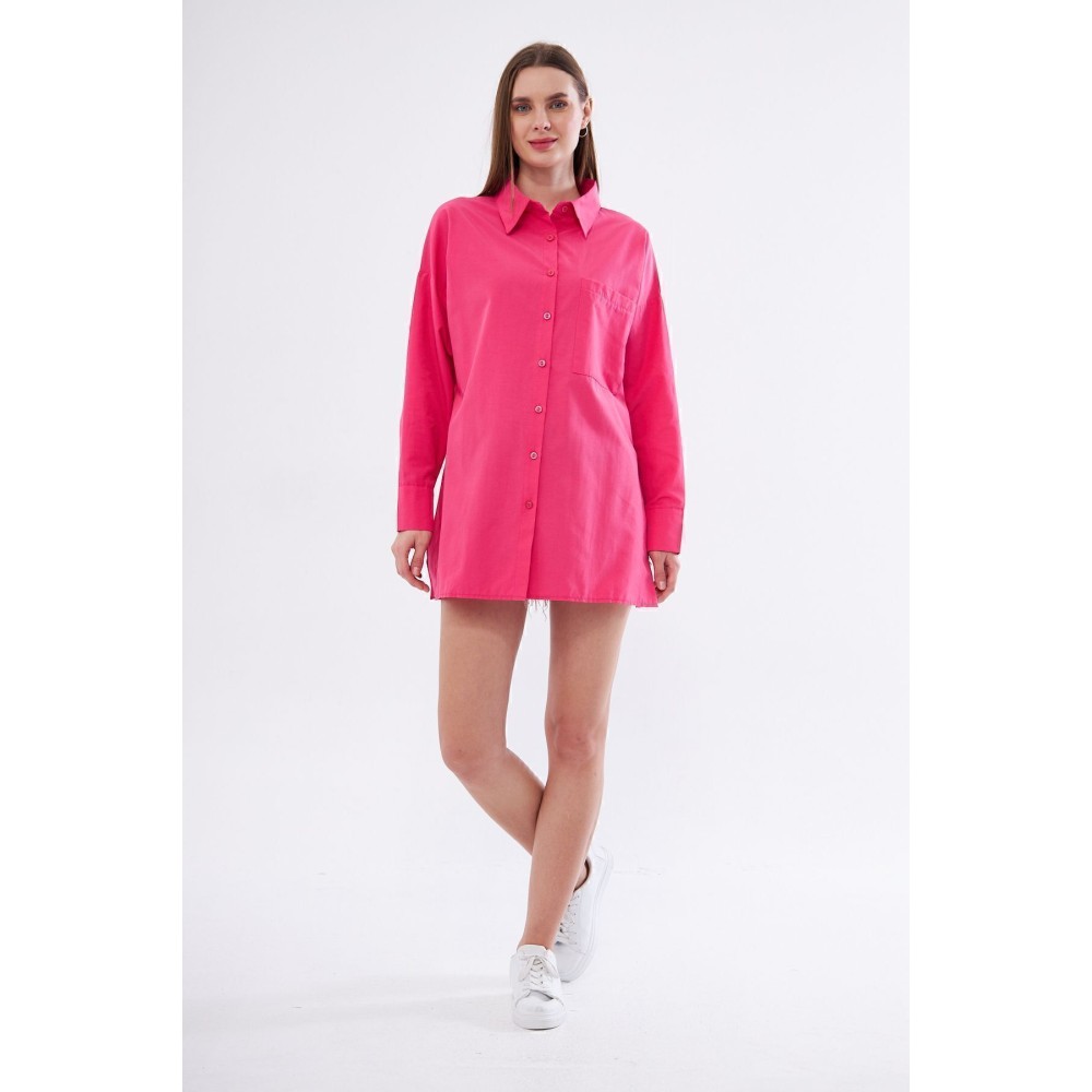 Pasaklı Giyim Kadın Fuşya Pembe Uzun Kollu Terikoton Özel Kumaş Cepli Spor Uzun Tunik Gömlek - Premium Kadın Giyim