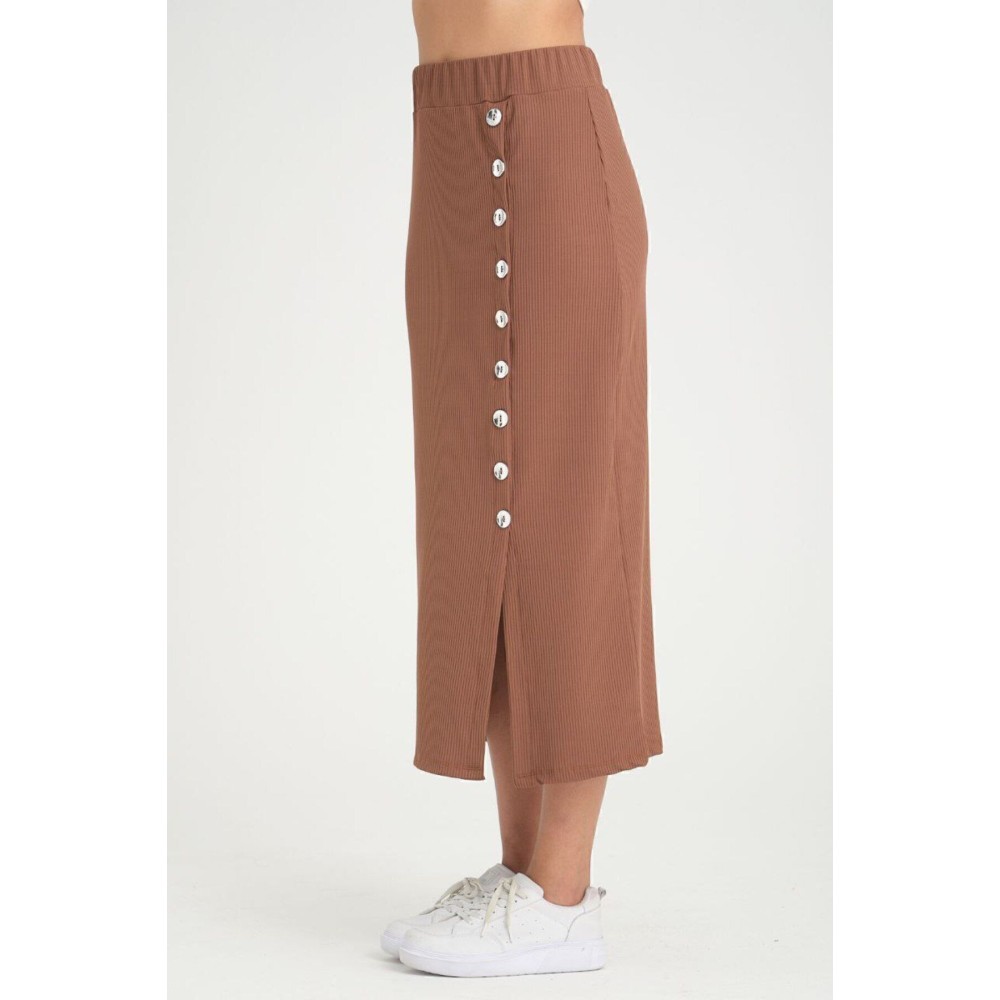 Pasaklı Giyim Pasaklı Giyim Kadın Kahverengi Beli Lastikli Yırtmaçlı Likralı Kaşkorse Uzun Etek - Premium Kadın Giyim