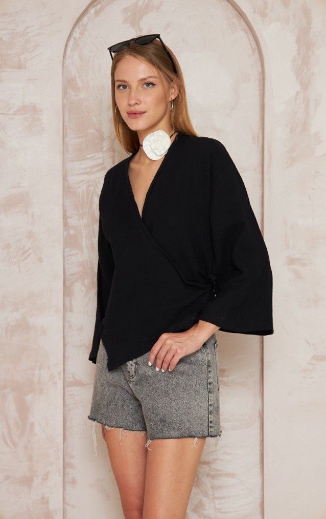 Pasaklı giyim Kadın %100 Pamuk Müslin Bağcıklı Bluz 3610286 Siyah