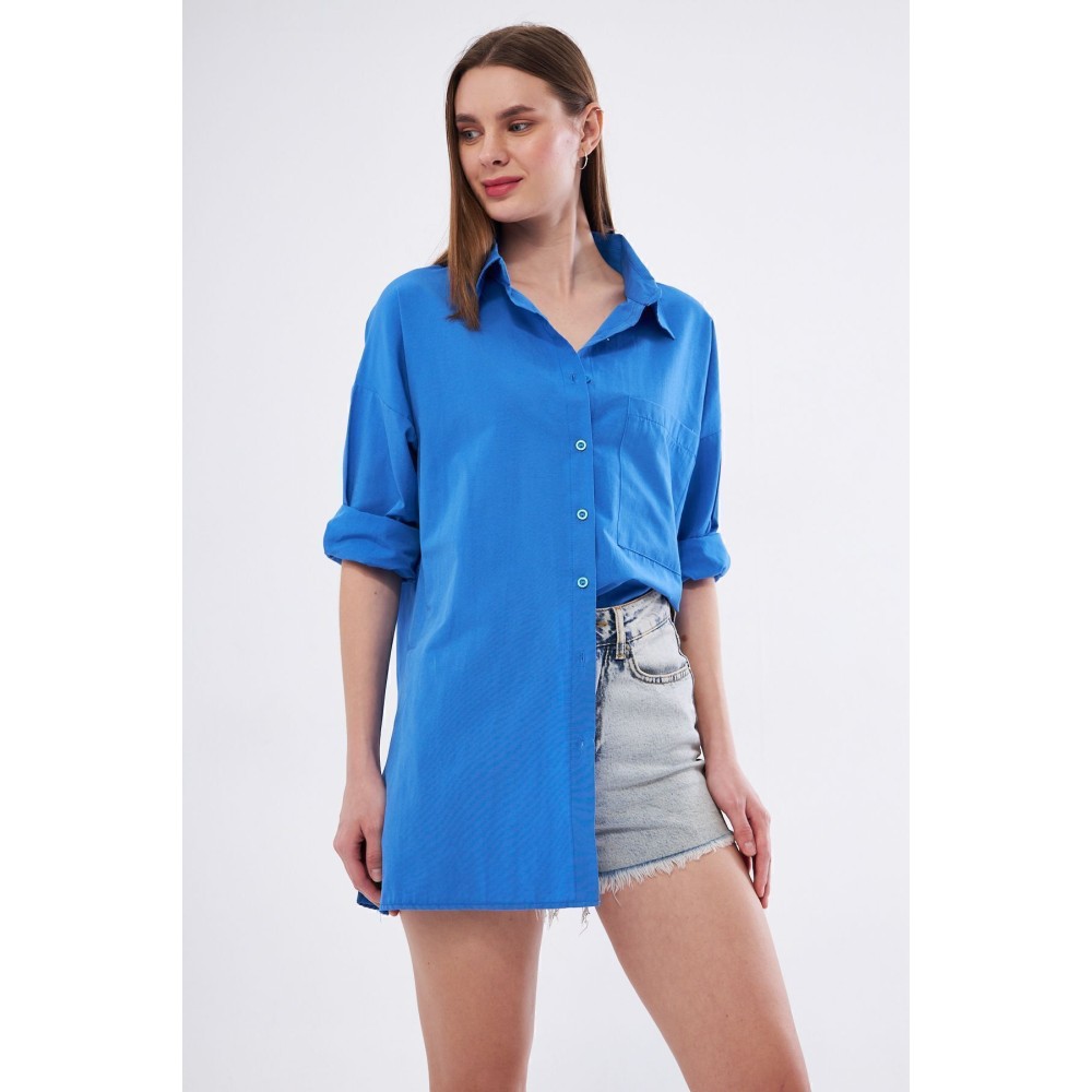 Pasaklı Giyim Kadın Saks Mavi Uzun Kollu Terikoton Özel Kumaş Cepli Spor Uzun Tunik Gömlek - Premium Kadın Giyim