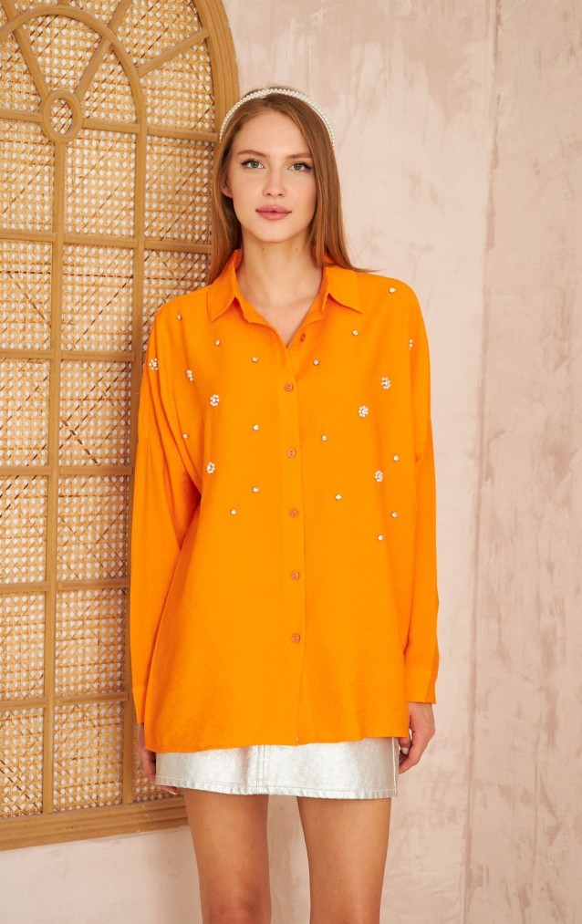Pasaklı Giyim Kadın İnci İşleme Keten Tunik Gömlek 3527292 Turuncu