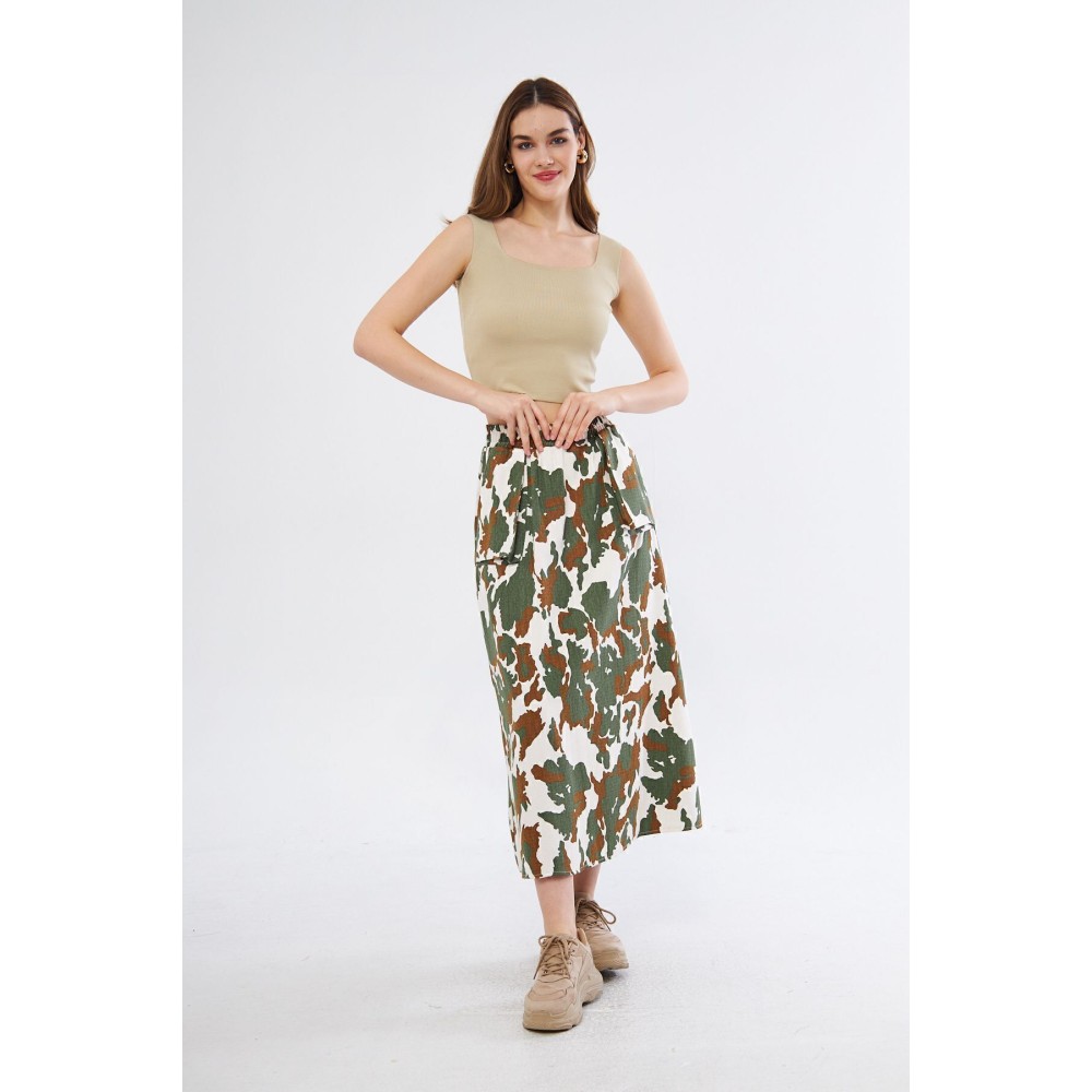Pasaklı Giyim Pasaklı Giyim Kadın Kamuflaj Desen Gabardin Etek Haki - Premium Kadın Giyim