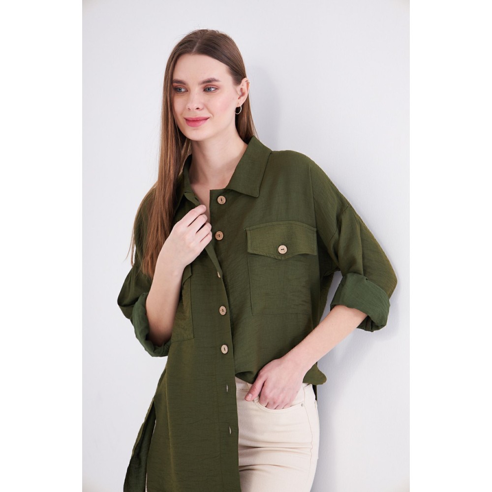Pasaklı Giyim Pasaklı Giyim Kadın Oversize Arkası Uzun Tunik Gömlek Haki - Premium Kadın Giyim