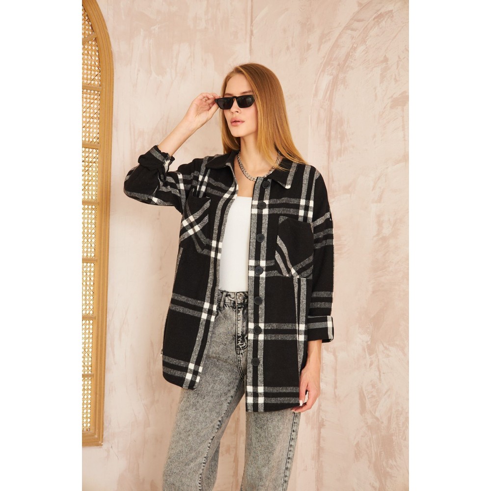 Pasaklı Giyim Pasaklı Giyim Kadın Kaşe Ekose Oduncu Gömlek Siyah - Premium Kadın Giyim