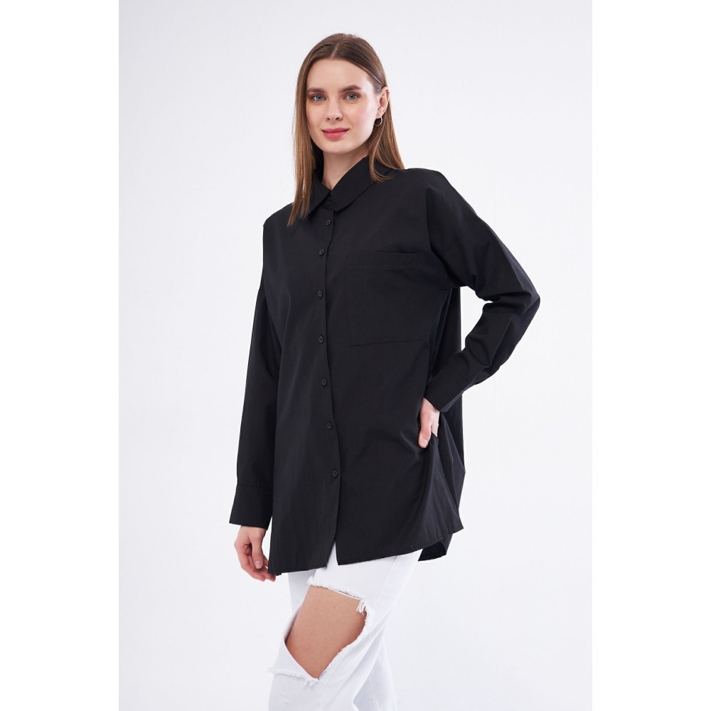 Pasaklı Giyim Kadın Siyah Uzun Kollu Terikoton Özel Kumaş Cepli Spor Uzun Tunik Gömlek - Premium Kadın Giyim
