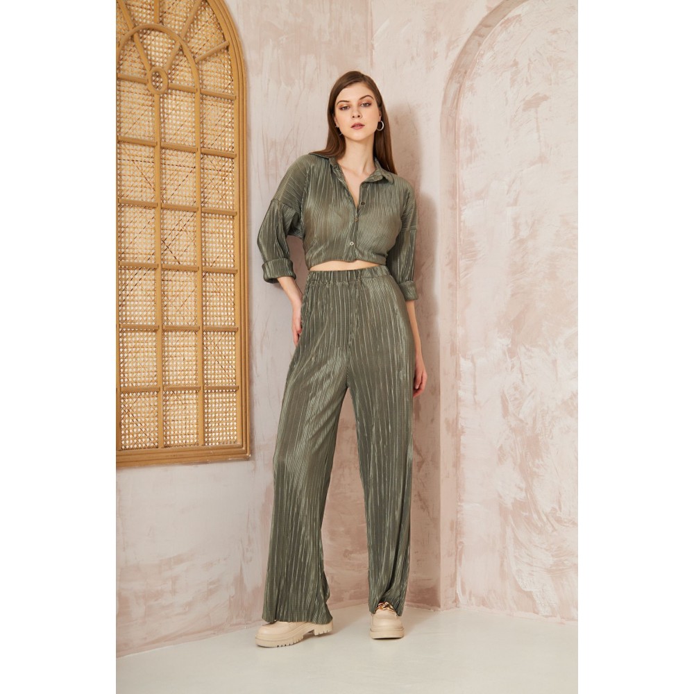 Pasaklı Giyim Pasaklı Giyim kadın Piliseli Bürümcük Pantolon Tunik Alt Üst Takım Haki - Premium Kadın Giyim