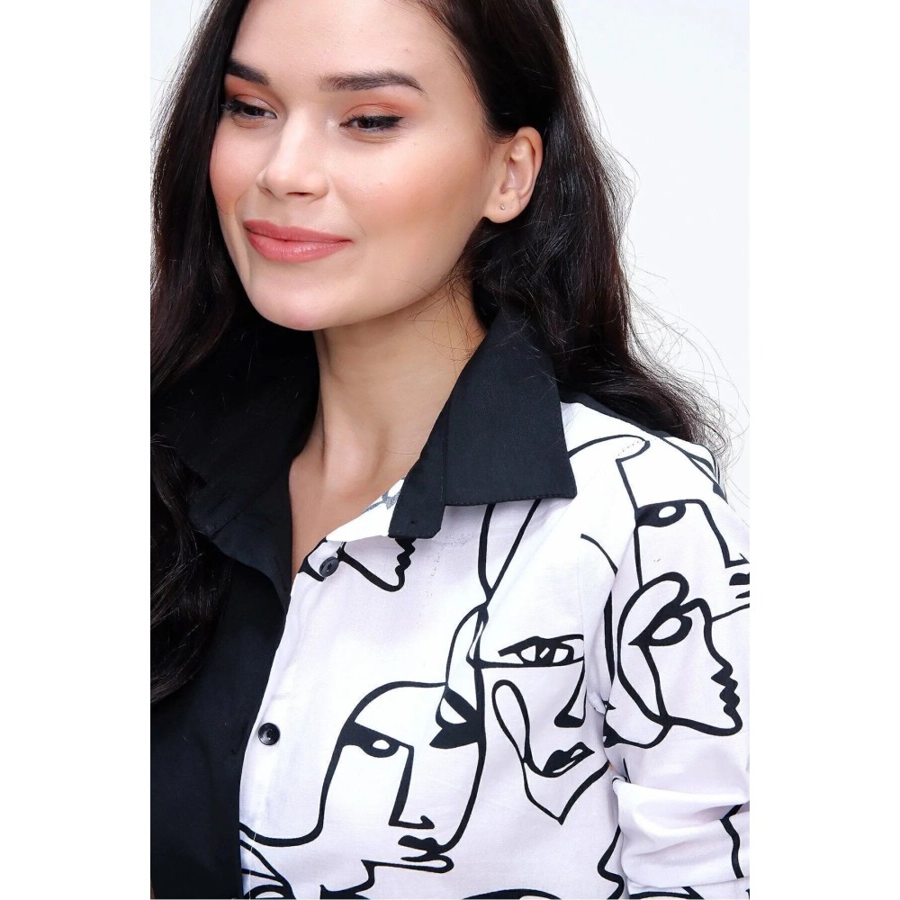 Pasaklı Giyim Pasaklı Giyim Kadın Yüz Silüetli Basic Gömlek Siyah Beyaz - Premium Kadın Giyim