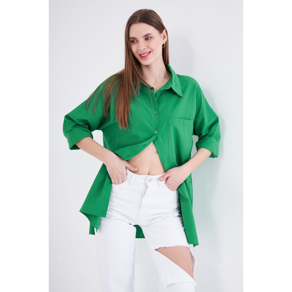 Pasaklı Giyim Kadın Benetton Yeşil Uzun Kollu Terikoton Özel Kumaş Cepli Spor Uzun Tunik Gömlek - Premium Kadın Giyim