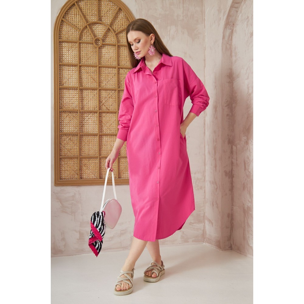Pasaklı Giyim Pasaklı Giyim Kadın Poplin Oversize Tunik-Gömlek Elbise Fuşya - Premium Kadın Giyim