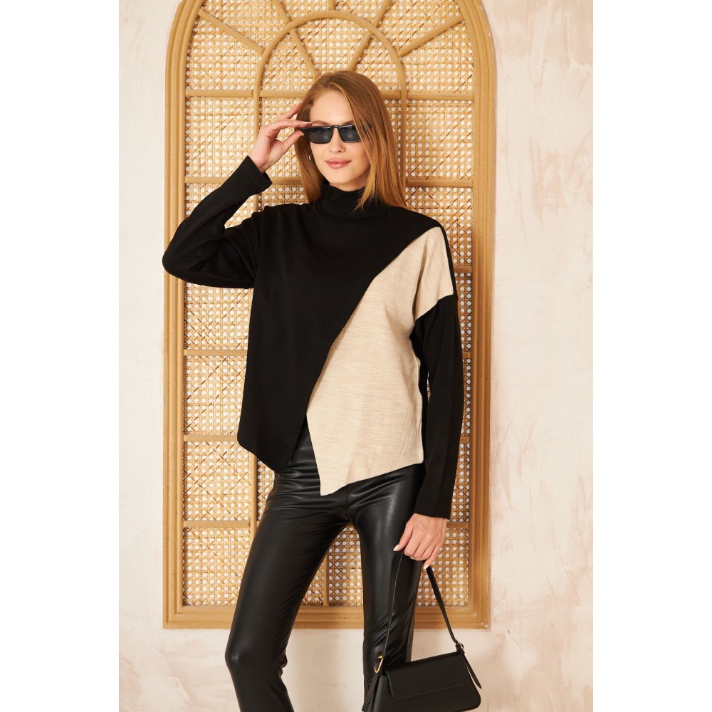 Pasaklı Giyim Pasaklı Giyim Kadın İki Kat Asimetrik Balıkçı Yaka Akrilik Triko Kazak - Premium Kadın Giyim