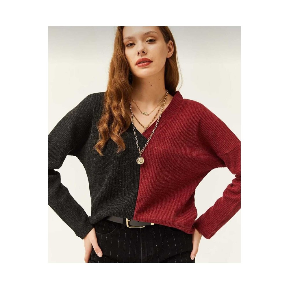 Pasaklı Giyim Pasaklı Giyim Kadın V Yaka Uzun Kollu Iki Renkli Kışlık Kazak Bordo Antrasit - Premium Kadın Giyim