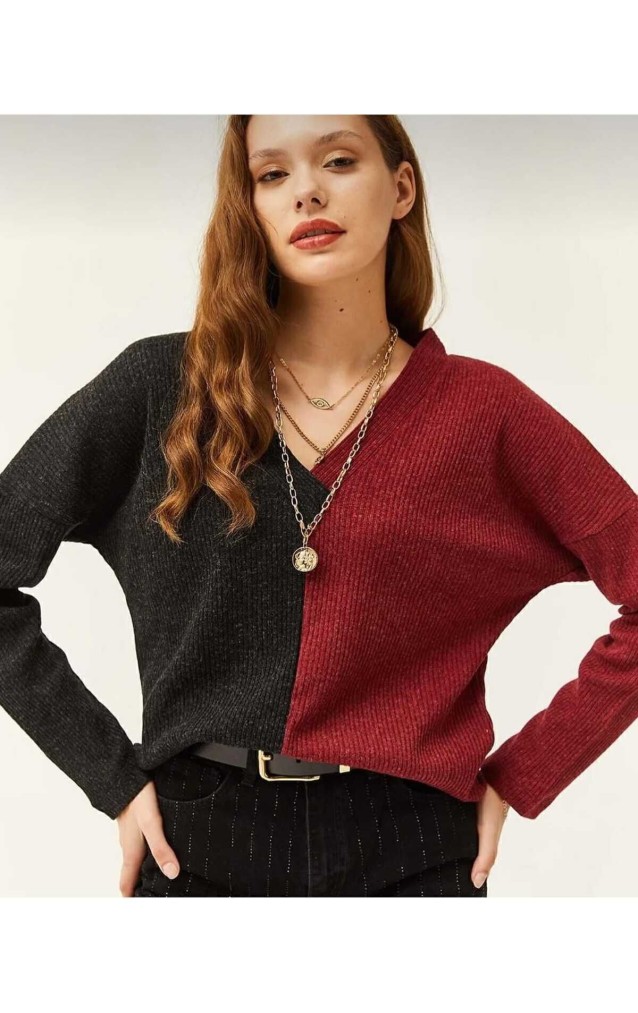 Pasaklı Giyim Kadın  V Yaka Uzun Kollu Iki Renkli Kışlık Kazak 2778200 Bordo Antrasit