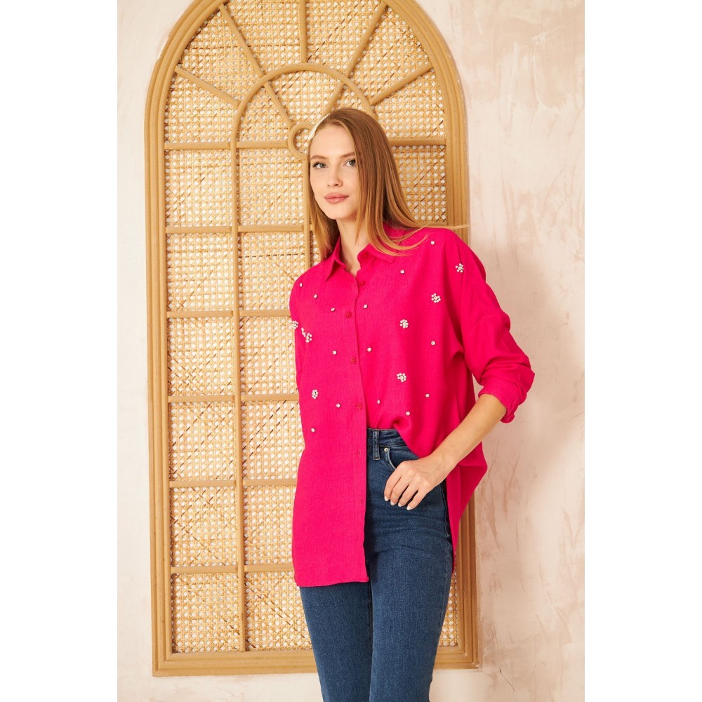 Pasaklı Giyim Pasaklı Giyim Kadın İnci İşleme Keten Tunik Gömlek Fuşya - Premium Kadın Giyim