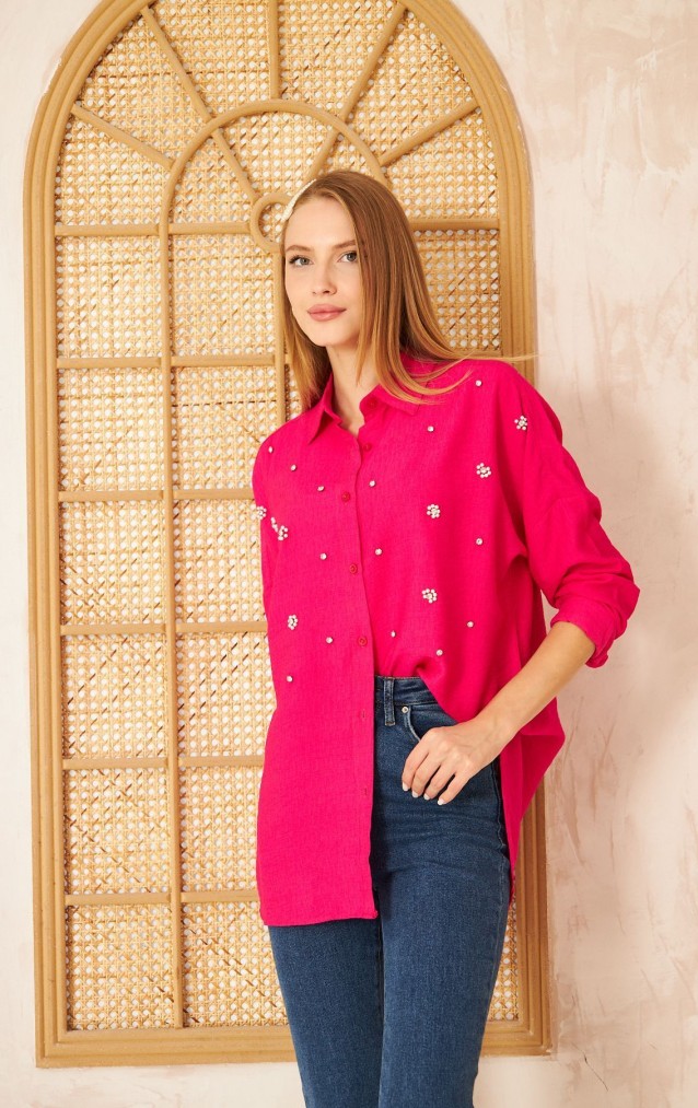 Pasaklı Giyim Kadın İnci İşleme Keten Tunik Gömlek 3527292 Fuşya