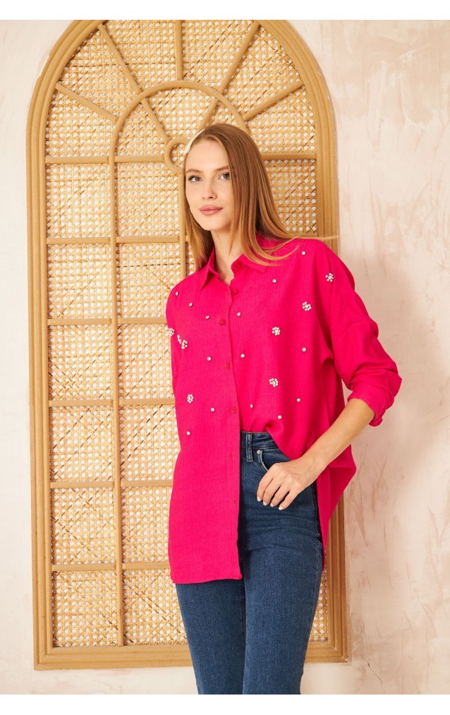 Pasaklı Giyim Kadın İnci İşleme Keten Tunik Gömlek 3527292 Fuşya
