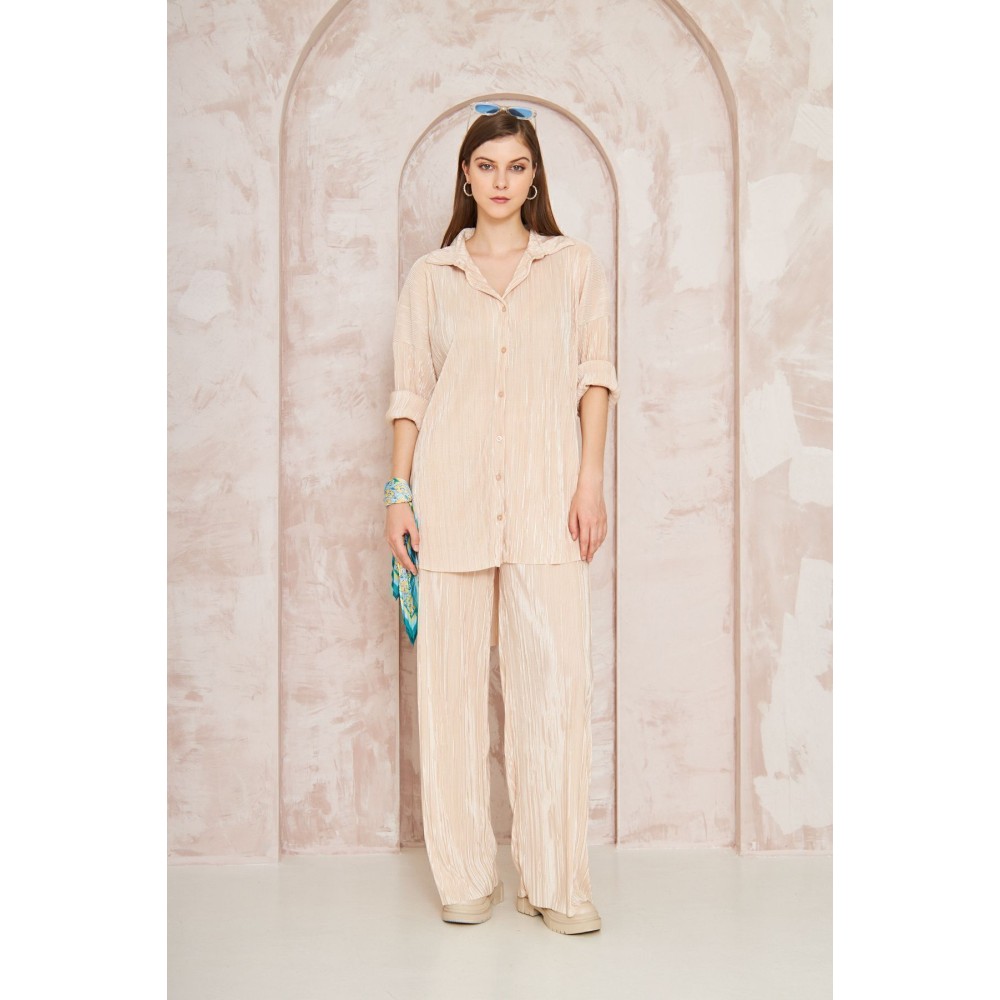 Pasaklı Giyim Pasaklı Giyim kadın Piliseli Bürümcük Pantolon Tunik Alt Üst Takım Bej - Premium Kadın Giyim