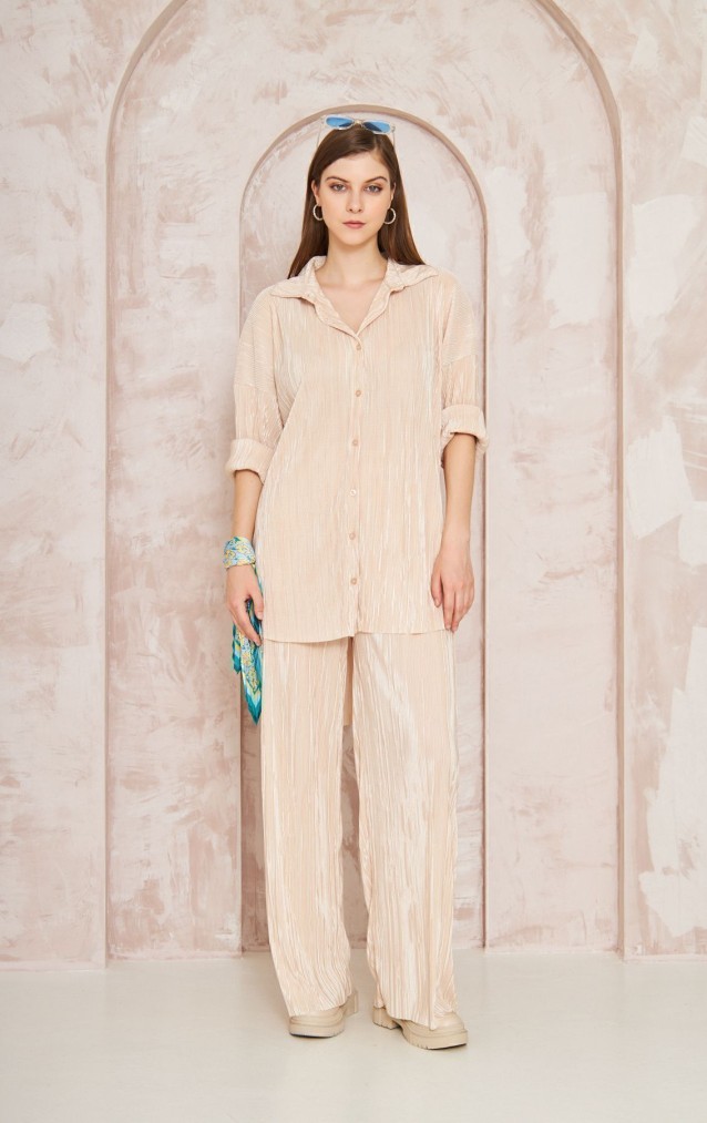 Pasaklı Giyim kadın Piliseli Bürümcük Pantolon Tunik Alt Üst Takım 3573374 Bej