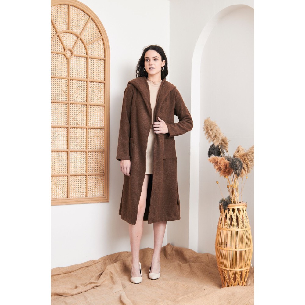 Pasaklı Giyim Pasaklı Giyim Kadın Kaşe Yün Kapüşonlu Kaban Kahverengi - Premium Kadın Giyim