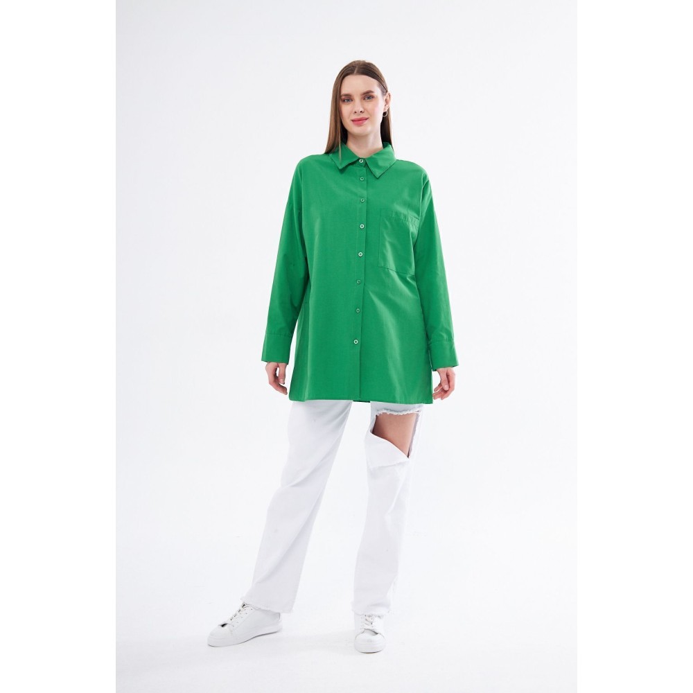 Pasaklı Giyim Kadın Benetton Yeşil Uzun Kollu Terikoton Özel Kumaş Cepli Spor Uzun Tunik Gömlek - Premium Kadın Giyim