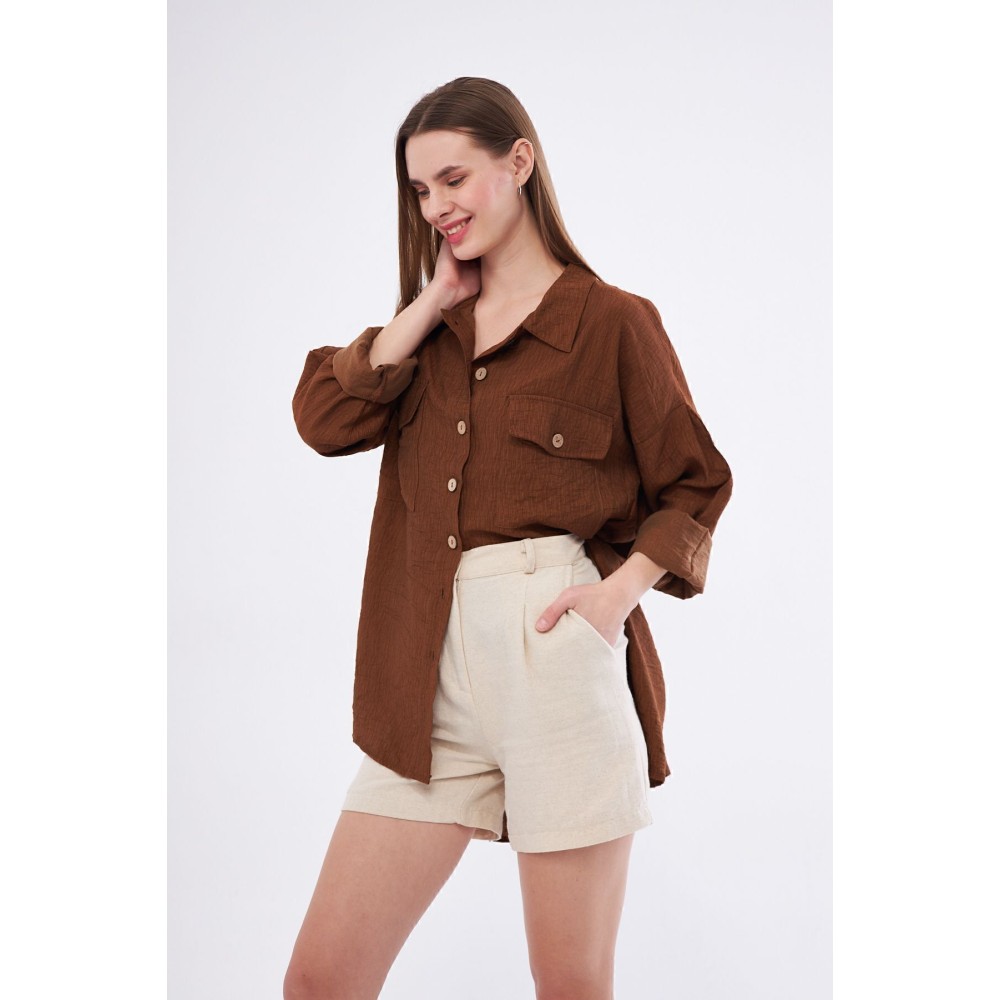 Pasaklı Giyim Pasaklı Giyim Kadın Oversize Arkası Uzun Tunik Gömlek Kahverengi - Premium Kadın Giyim