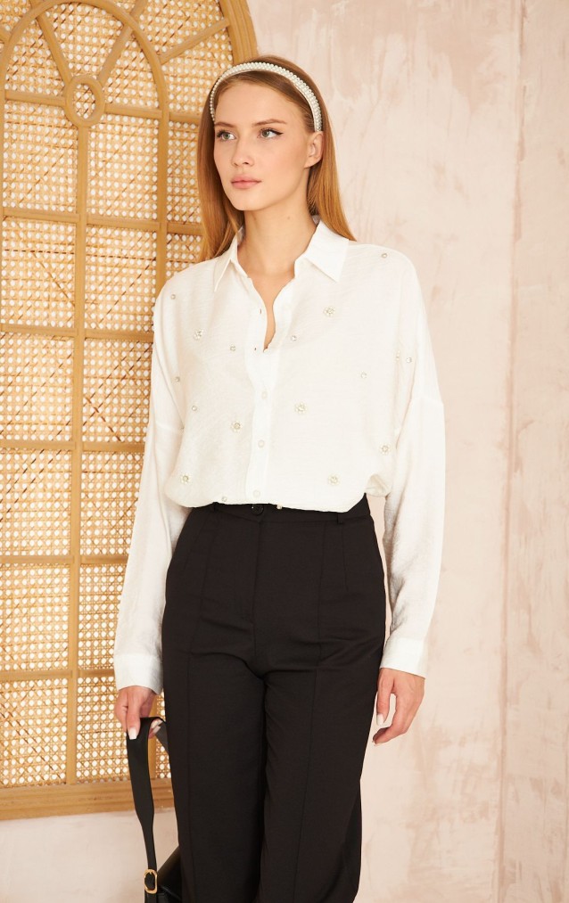 Pasaklı Giyim Kadın İnci İşleme Keten Tunik Gömlek 3527292 Beyaz