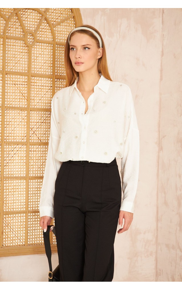 Pasaklı Giyim Kadın İnci İşleme Keten Tunik Gömlek 3527292 Beyaz