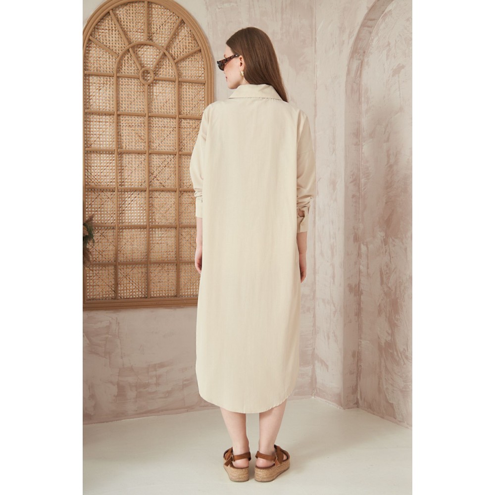 Pasaklı Giyim Pasaklı Giyim Kadın Poplin Oversize Tunik-Gömlek Elbise Taş - Premium Kadın Giyim