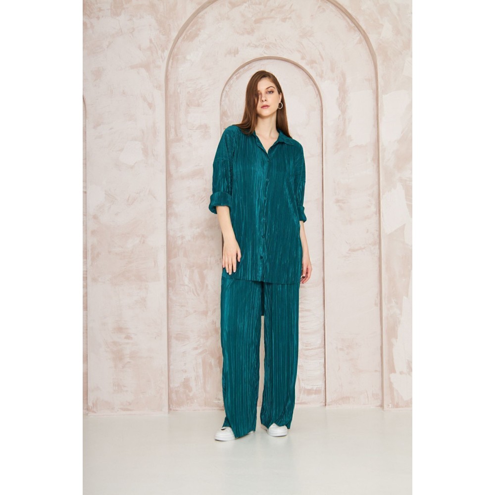Pasaklı Giyim Pasaklı Giyim kadın Piliseli Bürümcük Pantolon Tunik Alt Üst Takım Zümrüt - Premium Kadın Giyim