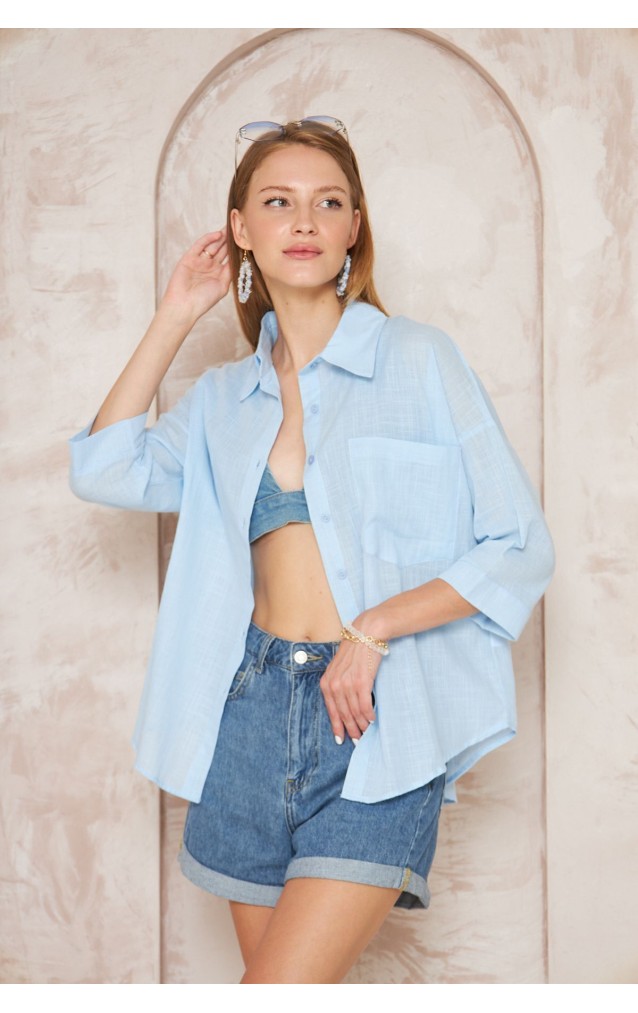 Pasaklı Giyim Kadın Flamlı Keten Gömlek 3619275 Mavi