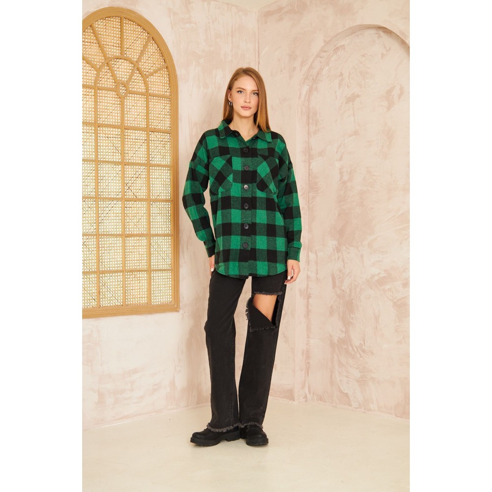 Pasaklı Giyim Pasaklı Giyim Kadın Kaşe Ekose Oduncu Gömlek Yeşil - Premium Kadın Giyim